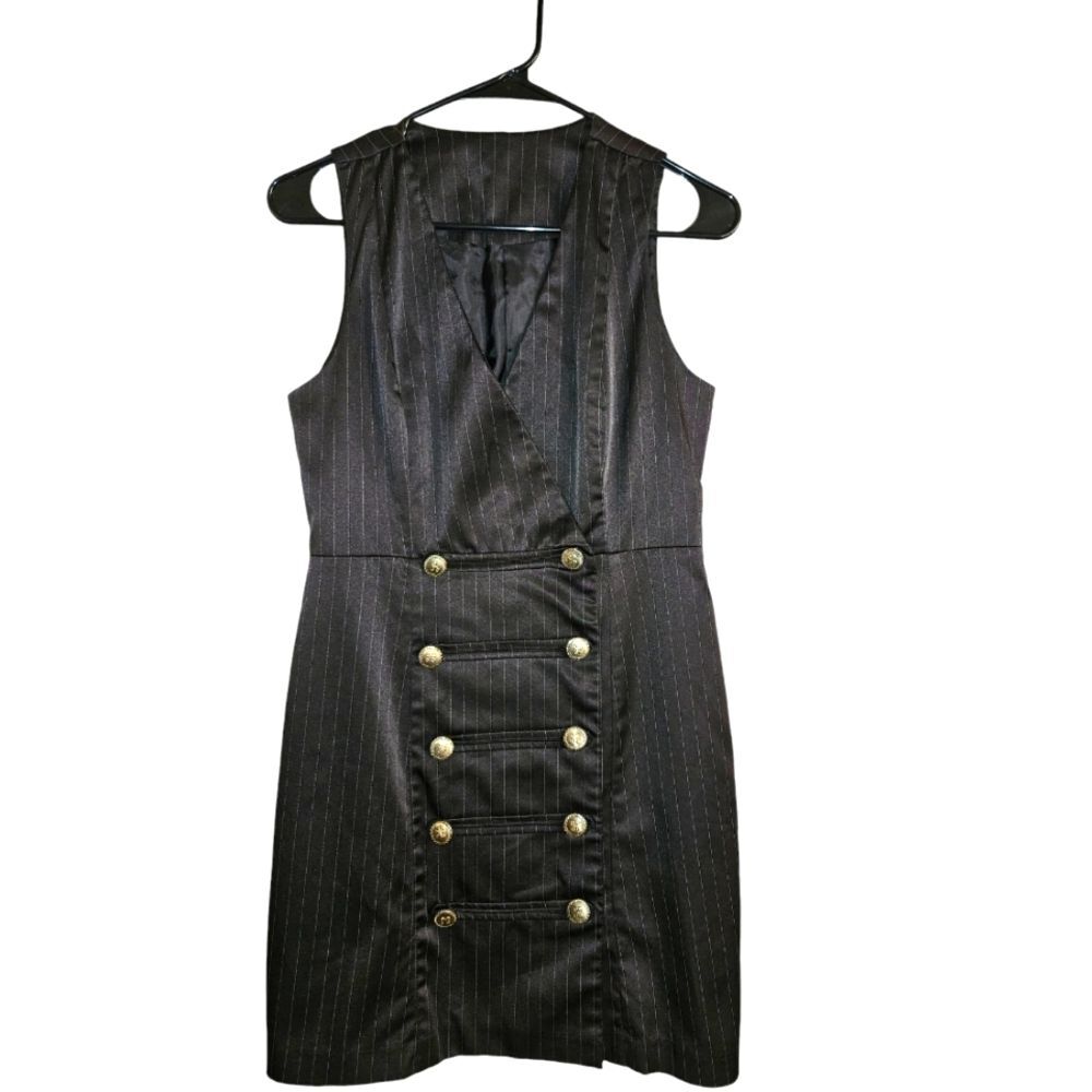 Black Satin Sleeveless Pin Striped Wrap Style Blazer Dress Size S